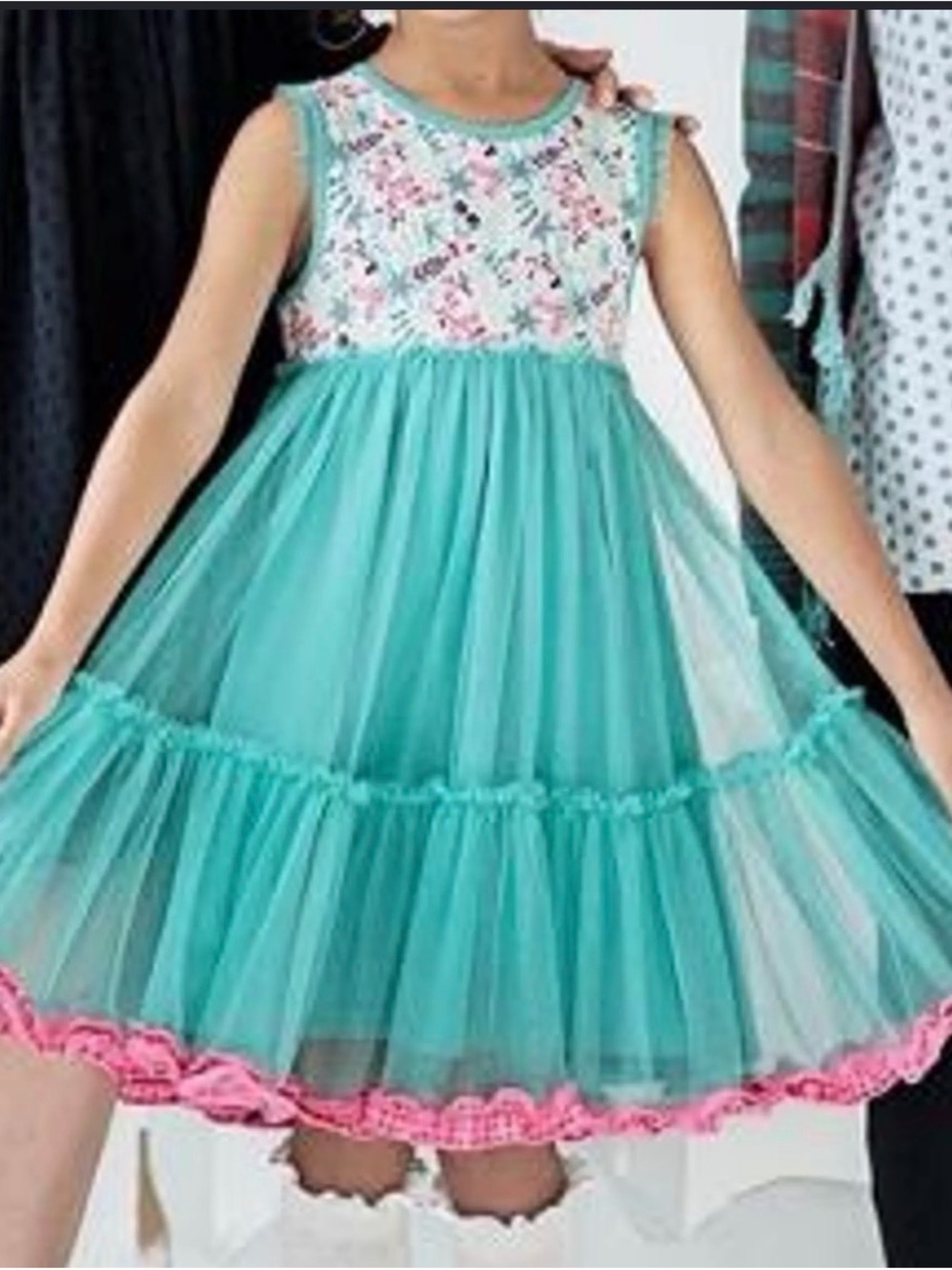 Matilda Jane Teal Mesh Floral Bodice Dress with Pink Trim - Picture 4 of 4